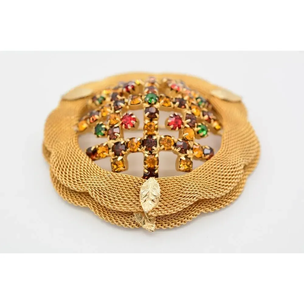 Vintage Crystal Pin Brooch Mesh Gold Prong Multi-Color Rhinestone 1970s BinAT